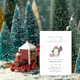 Invitación Pink Winter Woodland Penguin Baby Shower