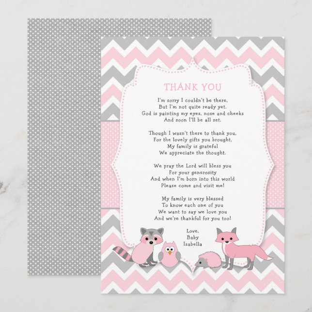 Invitación Pink woland animal baby shower gracias nota (Anverso / Reverso)