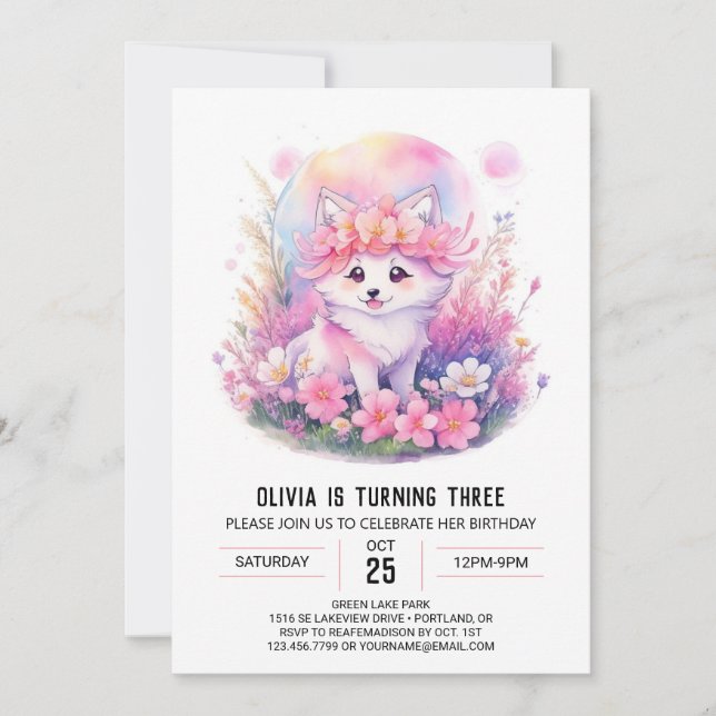 Invitación Pink Wolf Howl Chica Birthday (Anverso)