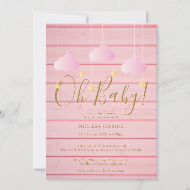 Invitación Pink Wood Twinkle Twinkle Oh Baby Baby Shower (Anverso)