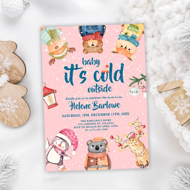 Invitación Pink Woodland Animals Baby Girl Winter Baby Shower (Pink Woodland Animals Baby Girl Winter Baby Shower Invitation)