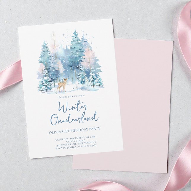 Invitación Pink Woodland Winter Onederland Primer Fiesta de c (Pink Woodland Winter Onederland 1st Birthday Party Invitation)