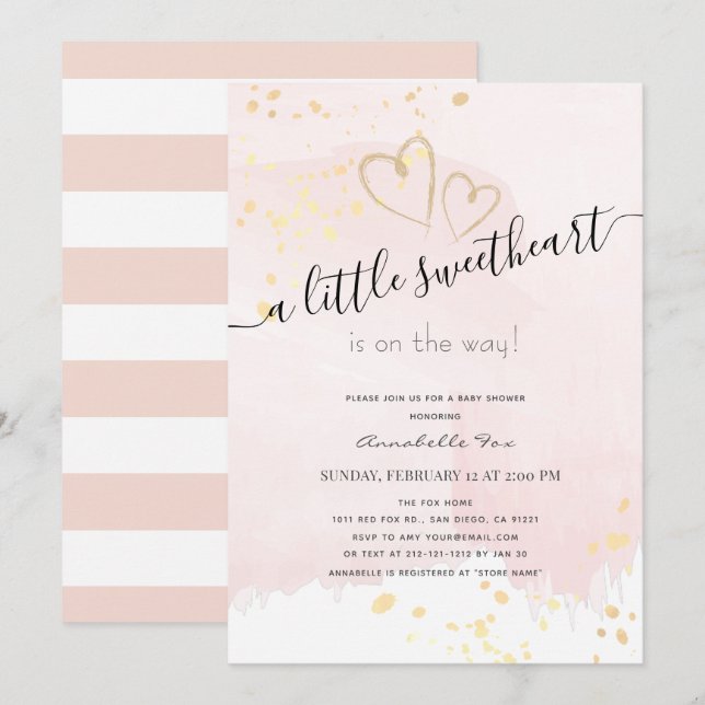 Invitación Pink x Gold Watercolor Baby Shower (Anverso / Reverso)