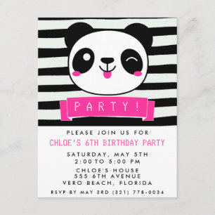 Invitación Pink y Black Happy Panda Birday Party