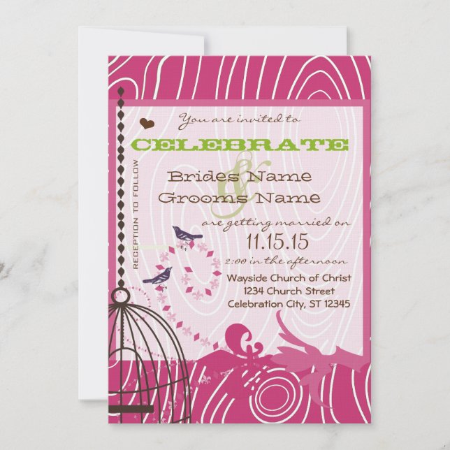 Invitación PINK y Brown Wood Grain Love Birds Apple Green (Anverso)