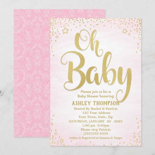 Invitación Pink y Gold Oh Baby Stars Baby Shower (Anverso / Reverso)