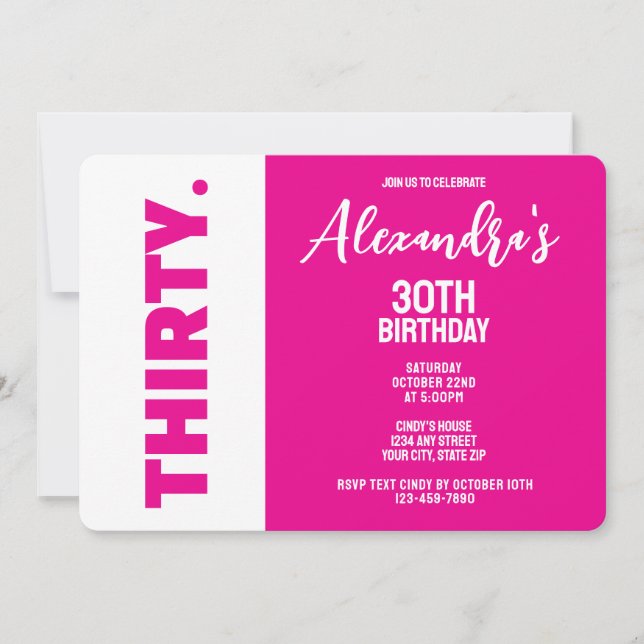 Invitación Pink y White Bold Fiesta 30 de cumpleaños (Anverso)