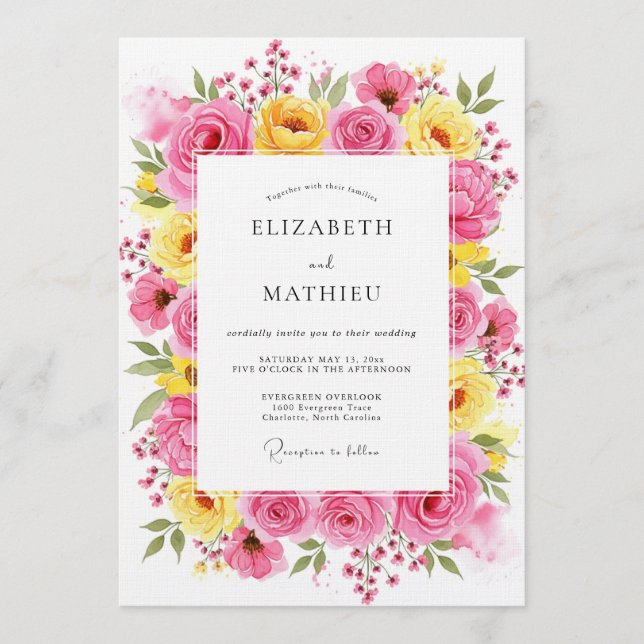 Invitación Pink Yellow Floral Whimsy Wedding (Anverso)