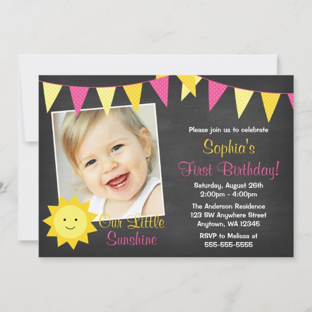Invitación Pink Yellow Sunshine Chalkboard Foto Cumpleaños (Anverso)
