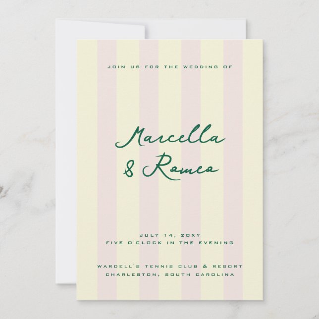 Invitación Pink Yellow Vertical Stripes Tennis Club (Anverso)