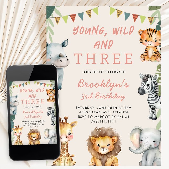 Invitación Pink Young Wild and Three Safari Birthday Party (Subido por el creador)