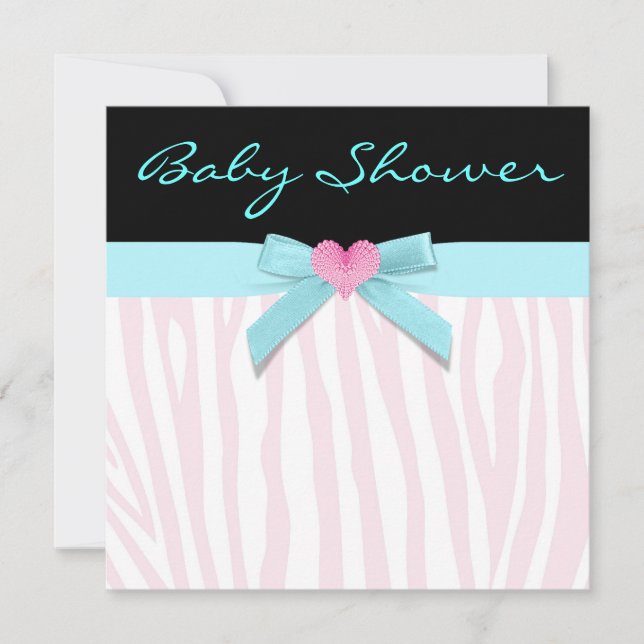 Invitación Pink Zebra Verde azulada Heart Baby Shower (Anverso)