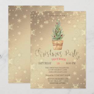 Invitación Pino a la acuarela, Fiesta de Navidad dorada