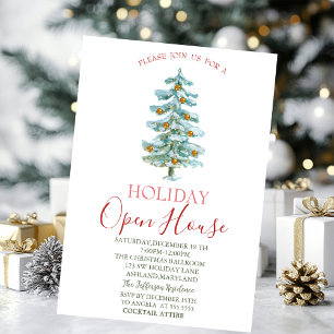 Invitación Pino acuarela, Casa abierta con bolas de oro
