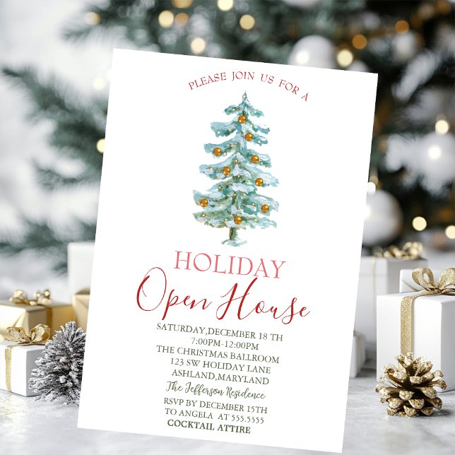 Invitación Pino acuarela, Casa abierta con bolas de oro (Subido por el creador)