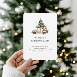 Invitación Pino Acuarela Coche Vintage Navidad
