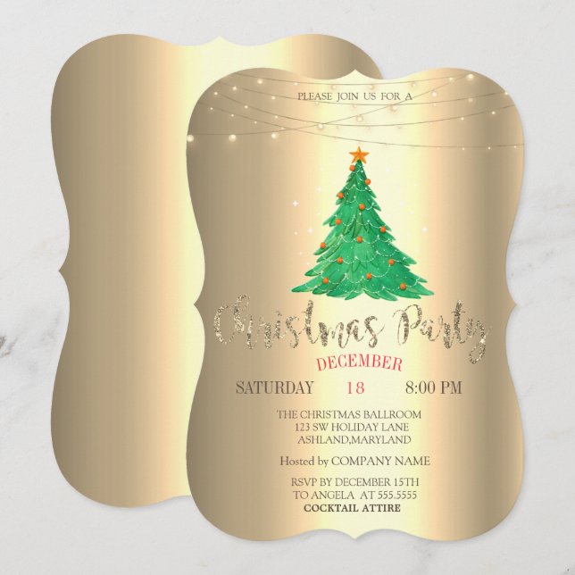 Invitación Pino acuarela, fiesta de Navidad dorada  (Anverso / Reverso)