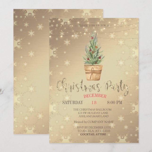 Invitación Pino Acuarela, Fiesta de Navidad Dorada (Anverso / Reverso)