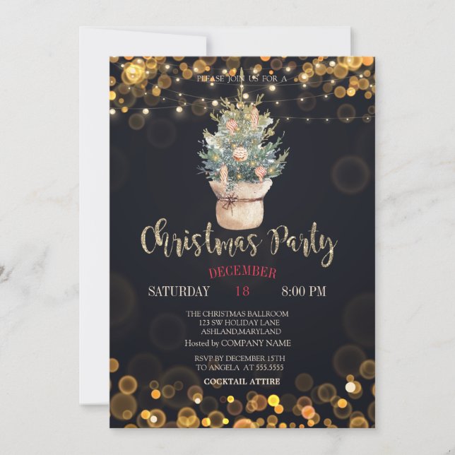Invitación Pino acuarela, Navidad de puntos (Anverso)