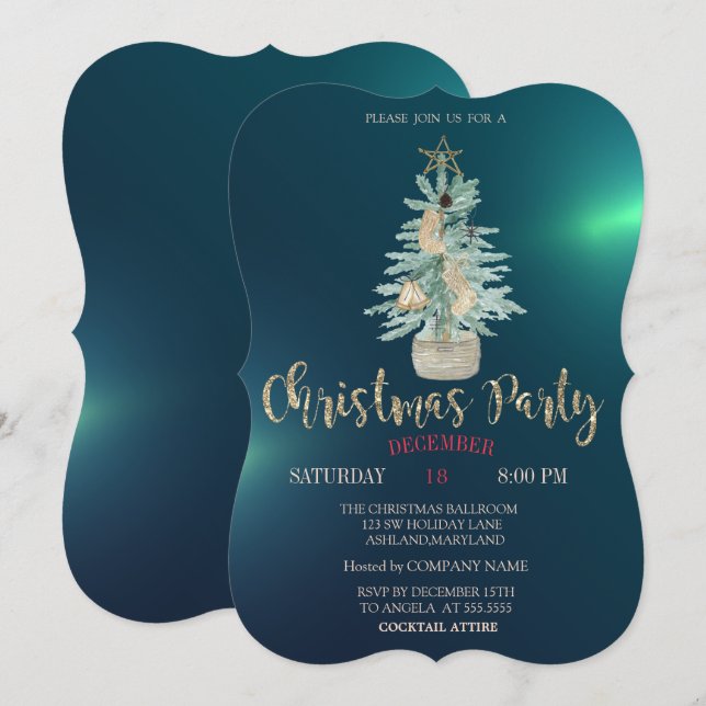 Invitación Pino acuarela, Navidad verde  (Anverso / Reverso)