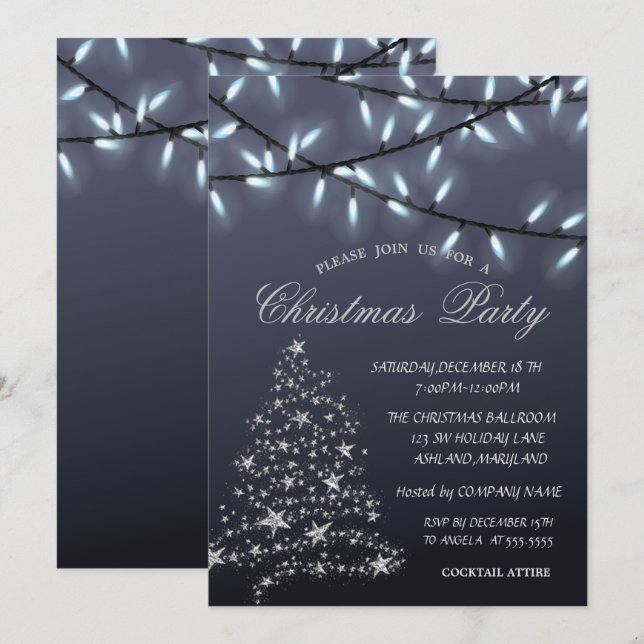 Invitación Pino Árbol de Navidad de Plata, Luces de Cuerda Fi (Anverso / Reverso)