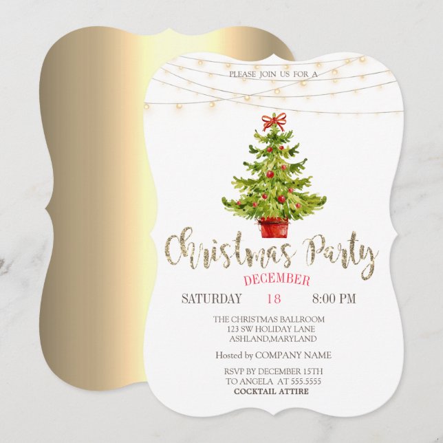 Invitación Pino, Bolas, Luces Doradas Fiesta de Navidad (Anverso / Reverso)