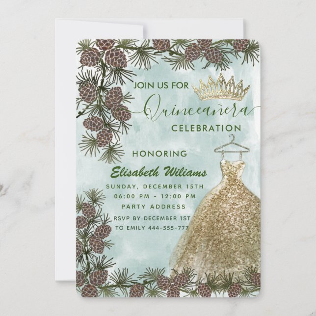 Invitación Pino de color de agua tiara Quinceañera (Anverso)