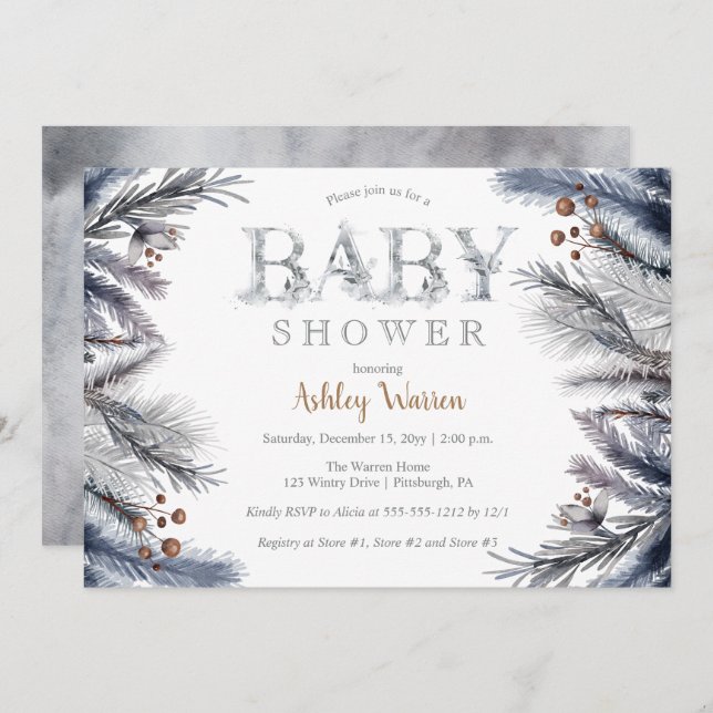 Invitación Pino de invierno ruso | Berries Floral Baby Shower (Anverso / Reverso)