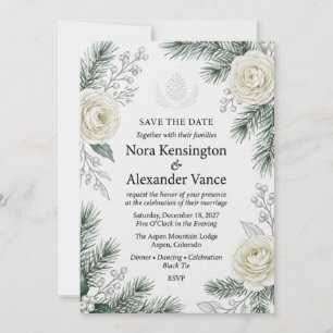 Invitación Pino de invierno y ranúnculo blanco
