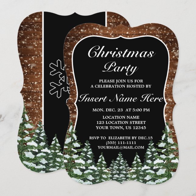 Invitación Pino de la Selva de Madera de Nieve Negro Fiesta n (Anverso / Reverso)