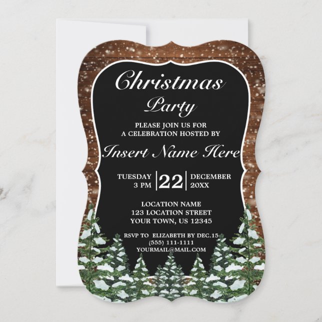 Invitación Pino de la Selva de Madera de Nieve Negro Fiesta n (Anverso)