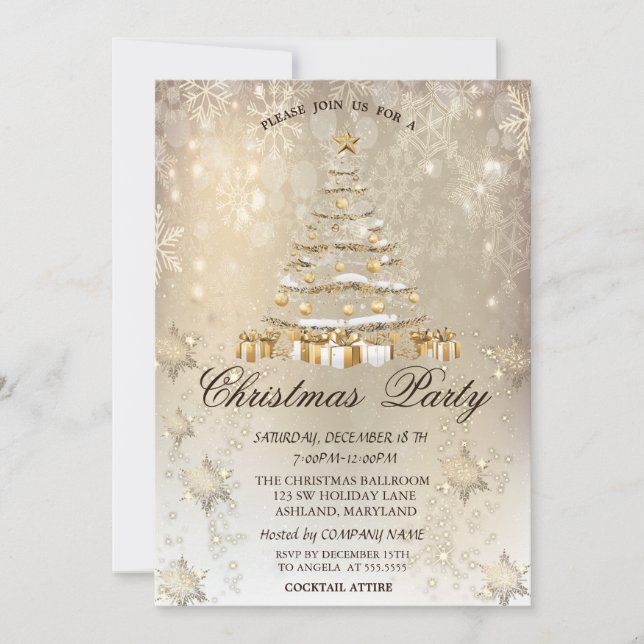 Invitación Pino de Navidad, Bolas, Nieve Navidad (Anverso)