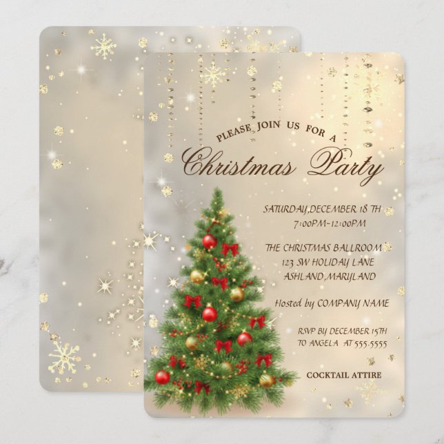 Invitación Pino de Navidad Chic, Copos de Nieve Navidad (Anverso / Reverso)
