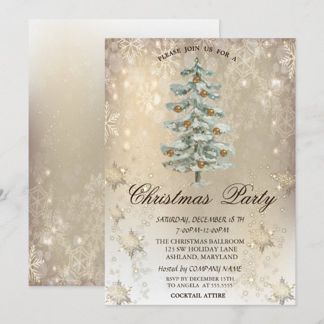Invitación Pino de Navidad Copos de Nieve Fiesta Dorada  (Anverso / Reverso)