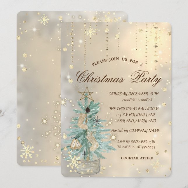 Invitación Pino de Navidad, Estrella, Copos de Nieve Navidad (Anverso / Reverso)