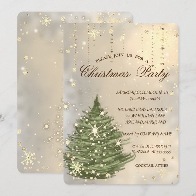 Invitación Pino de Navidad, Fiestad de Navidad con Copos de N (Anverso / Reverso)