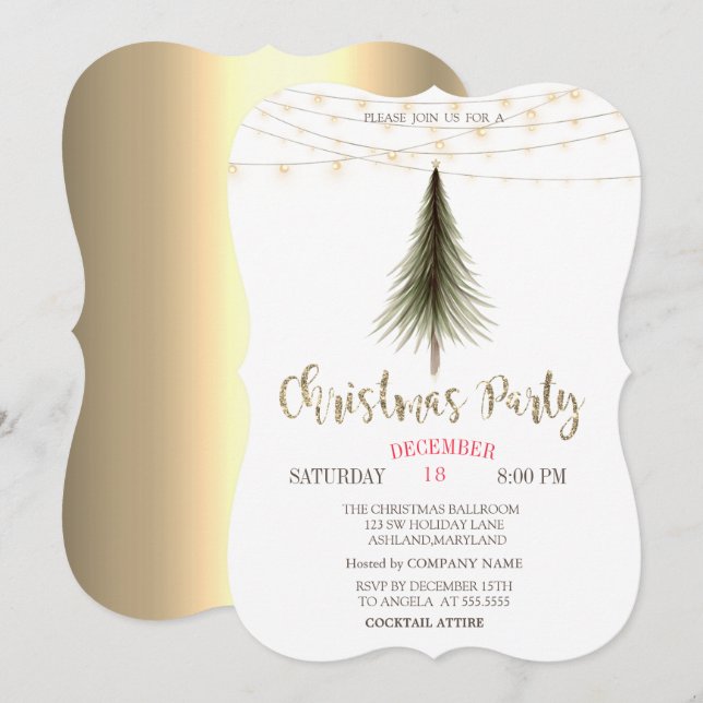 Invitación Pino de Navidad, Luces Fiesta de Navidad Doradas (Anverso / Reverso)