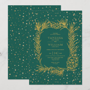 Invitación Pino dorado, bodas de invierno verde perenne de co