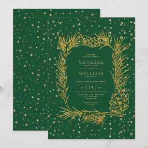 Invitación Pino dorado, confeti boda de invierno verde esmera