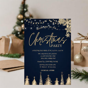 Invitación Pino dorado copos de nieve azul empresa de Navidad