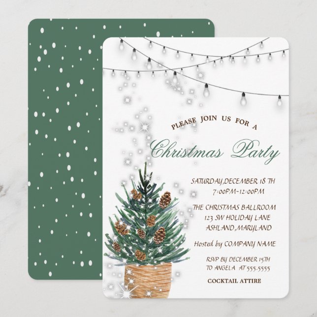 Invitación Pino en acuarela, Piñas de Navidad (Anverso / Reverso)