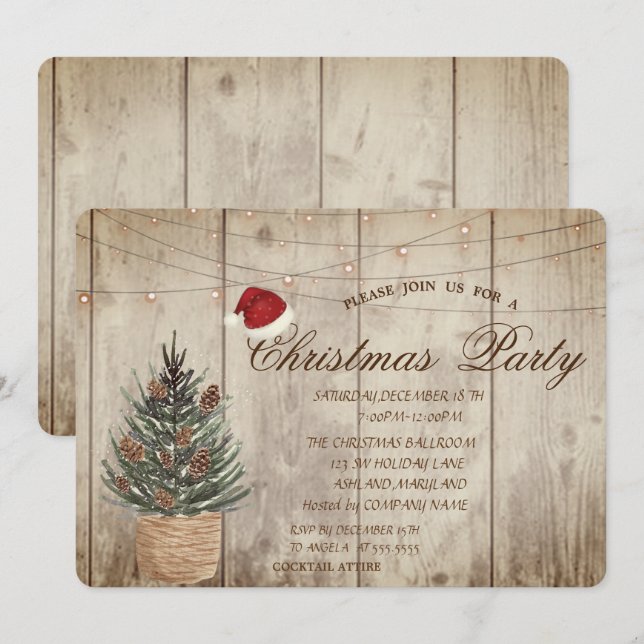 Invitación Pino, Luces de Cadena, Textura de Madera Navidad (Anverso / Reverso)