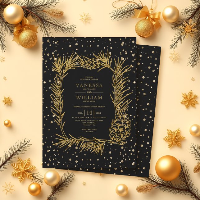 Invitación Pino purpurina dorado, boda de invierno negro conf (Subido por el creador)