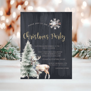 Invitación Pino, Reno, Copo de Nieve Navidad Negra