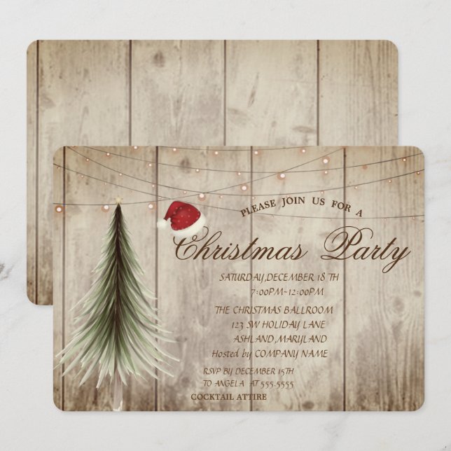 Invitación Pino, Textura de Madera Corporación de Navidad (Anverso / Reverso)