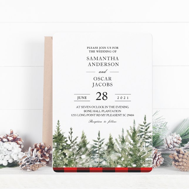 Invitación Pino verde acuarela y cuadros de búfalo rojo (Subido por el creador)