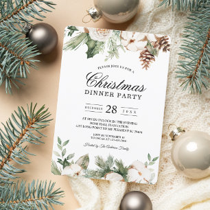 Invitación Pino verde de invierno en acuarela y flores blanca