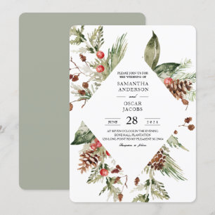 Invitación Pino verde de invierno en acuarela y piña