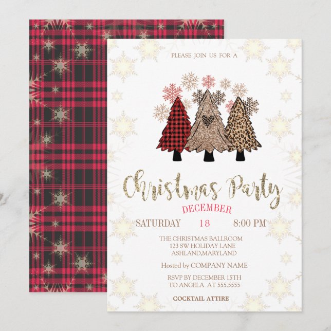 Invitación Pinos Copos de nieve Buffalo Cuadros de Navidad (Anverso / Reverso)