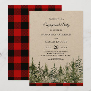 Invitación Pinos de acuarela Kraft y cuadros de búfalo rojos